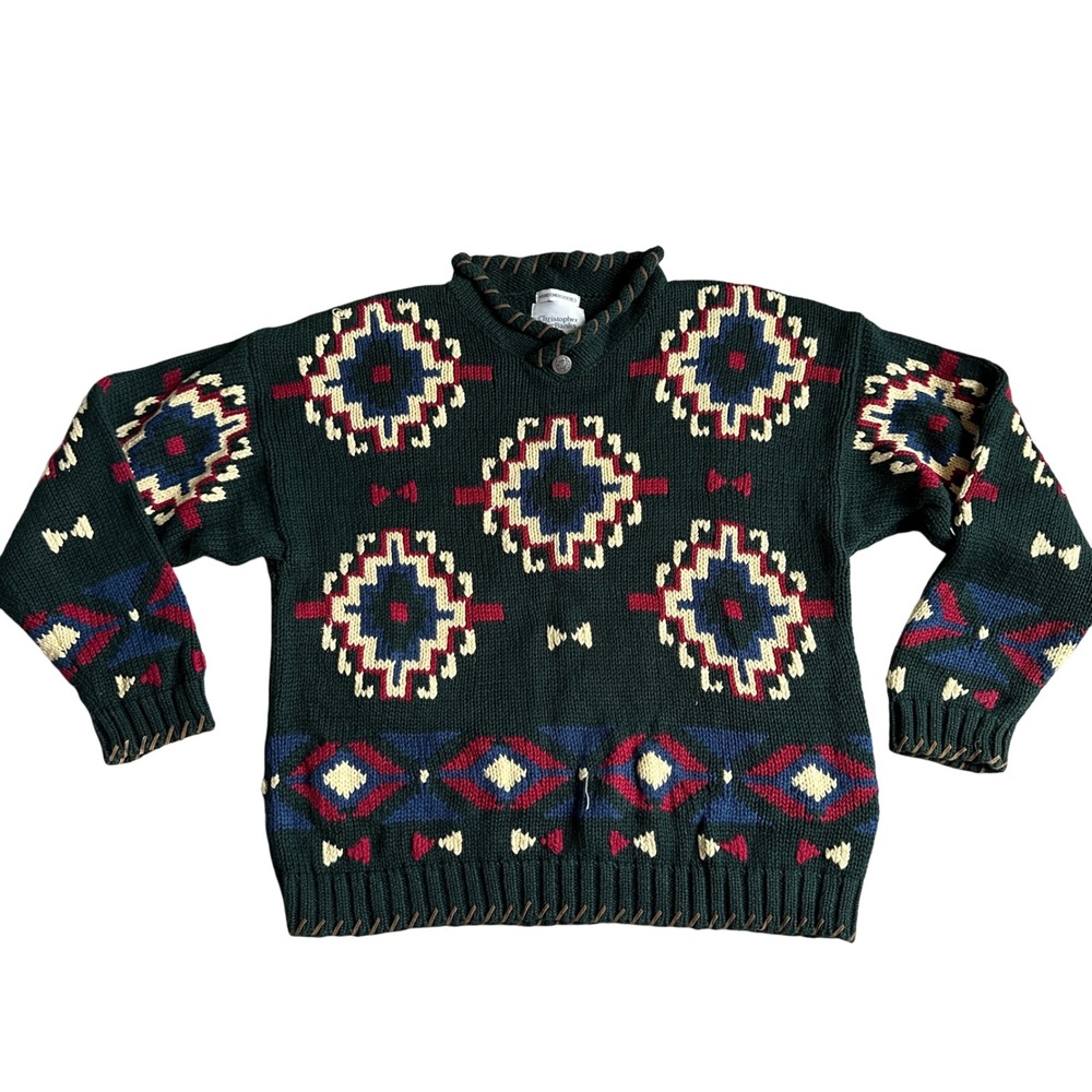 Vintage Christopher & Banks Aztec Sweater‎ Womens L Hand Embroidered Chunky Knit